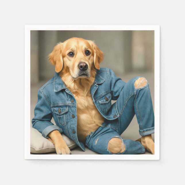 Servilleta De Papel Golden Retriever Posando En Jeans Azules (Anverso)