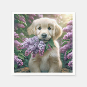 Servilleta De Papel Golden Retriever Puppy Con Lilacs