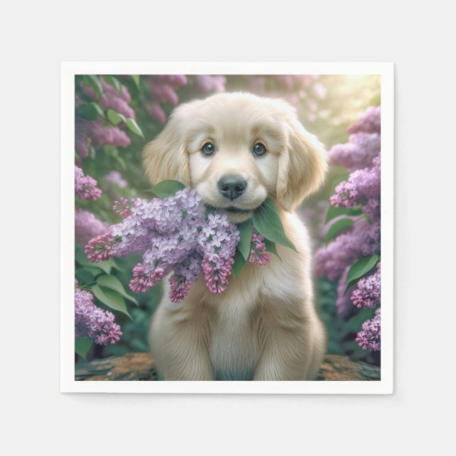 Servilleta De Papel Golden Retriever Puppy Con Lilacs (Anverso)