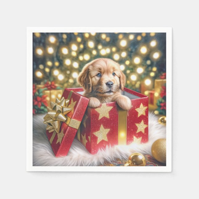 Servilleta De Papel Golden Retriever Puppy en caja de Navidades (Anverso)