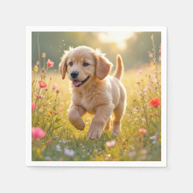 Servilleta De Papel Golden Retriever Puppy Running In a Meadow (Anverso)