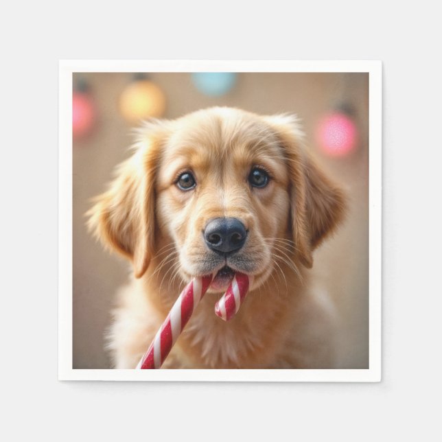 Servilleta De Papel Golden Retriever Puppy With a Candy Cane (Anverso)