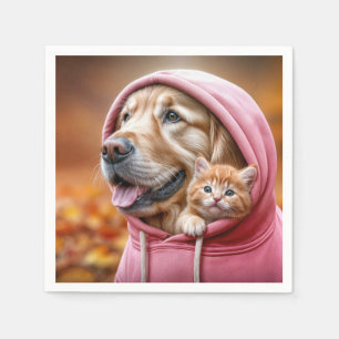 Servilleta De Papel Golden Retriever y Kitten in Pink Hoodie