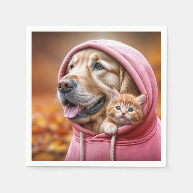 Servilleta De Papel Golden Retriever y Kitten in Pink Hoodie (Anverso)