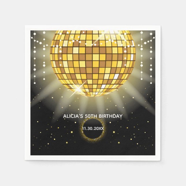 Servilleta De Papel Golden Shiny Disco Ball Nacimiento Negro (Anverso)