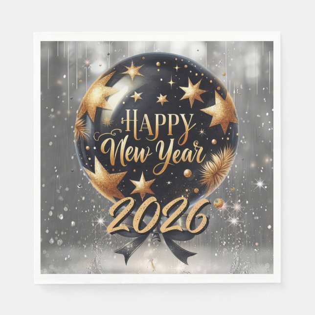 Servilleta De Papel Golden Sparkle New Year Balloon with 2026 Glow (Anverso)