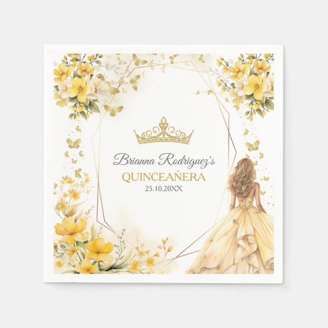 Servilleta De Papel Golden Yellow Tiara Floral Butterflies Quinceañera (Anverso)