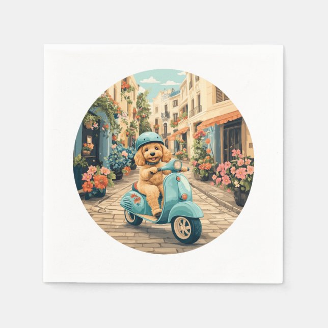 Servilleta De Papel Goldendoodle Dog Riding Scooter European Streets (Anverso)