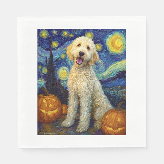 Servilleta De Papel Goldendoodle Perro Lindo Halloween Jack O Lantern  (Anverso)