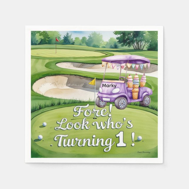 Servilleta De Papel Golf 1.ᵉʳ cumpleaños con carrito de golf en Puttin (Anverso)