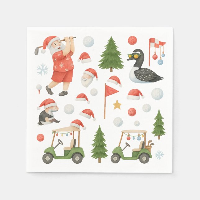 Servilleta De Papel Golf Feliz Navidad con Santa Golfing (Anverso)