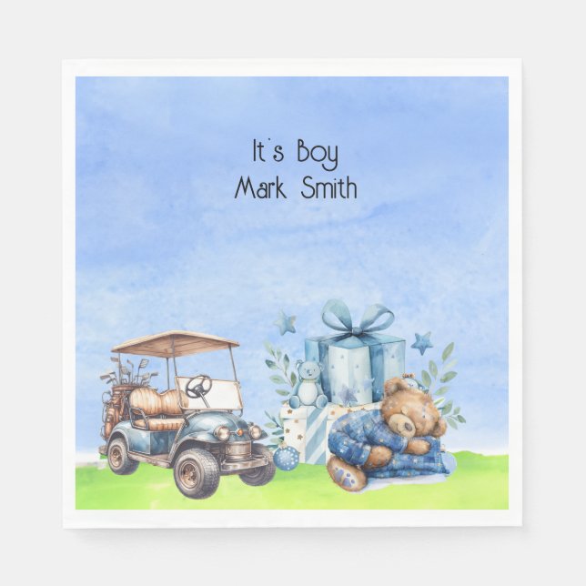 Servilleta De Papel Golf Teddy Bear es un chico para Baby Shower (Anverso)