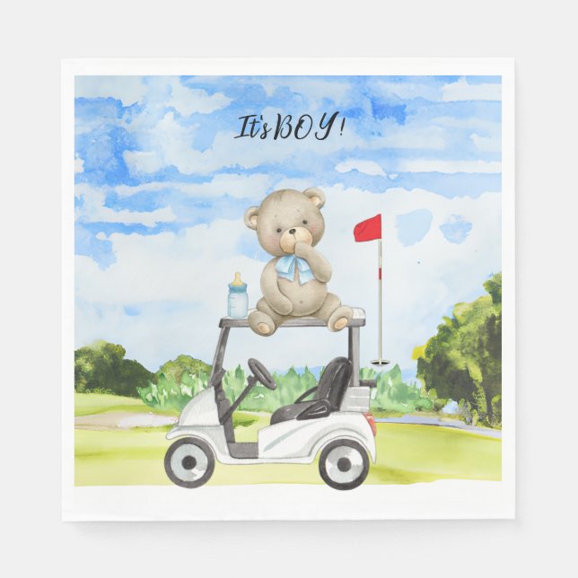 Servilleta De Papel Golf Teddy Bear es un chico para Baby Shower (Anverso)