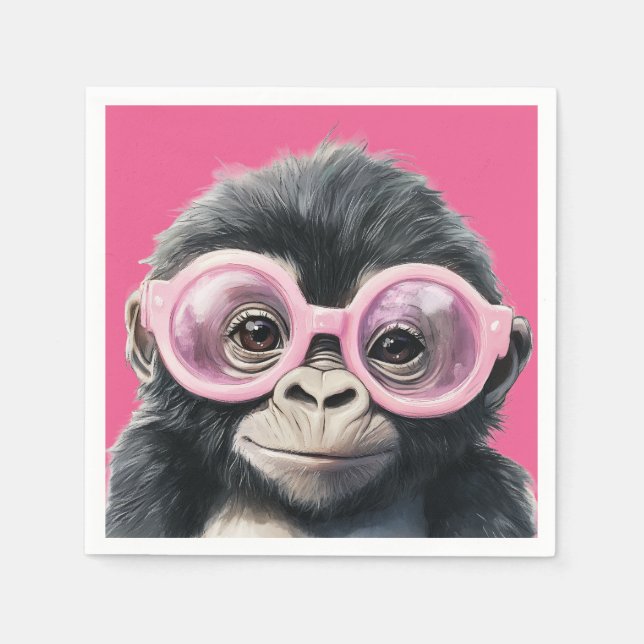 Servilleta De Papel Gorila pequeño con gafas rosadas - fondo rosado (Anverso)