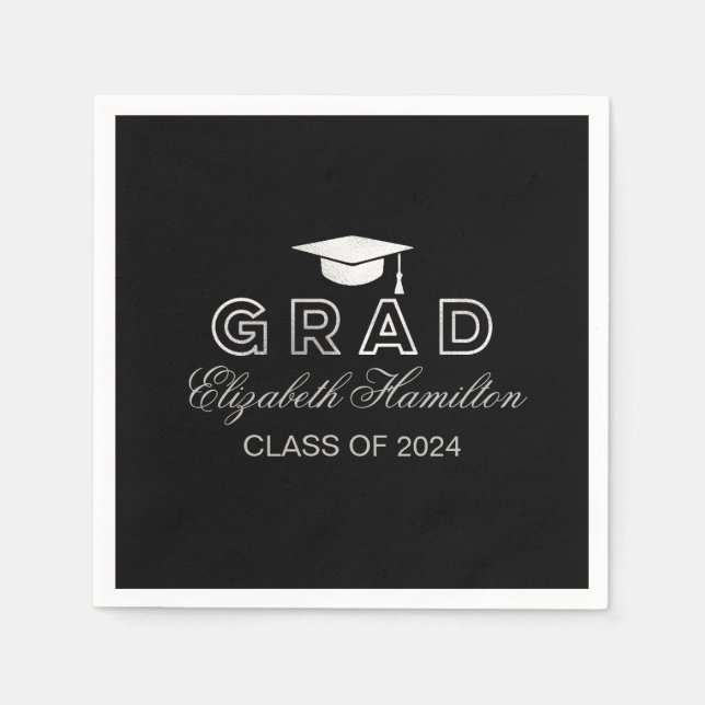 Servilleta De Papel Gorra de Graduación Plateada y Negra Fiesta de Gra (Anverso)