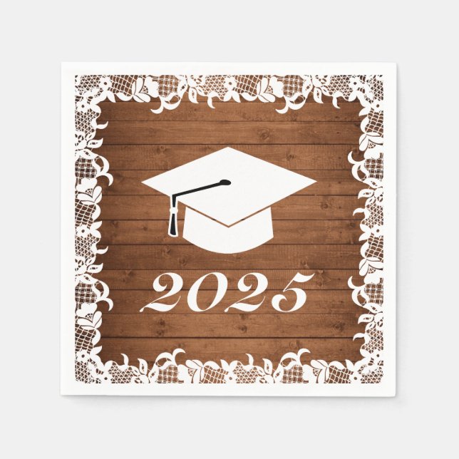 Servilleta De Papel Gorra de Graduación Rustic Wood & White Lace (Anverso)