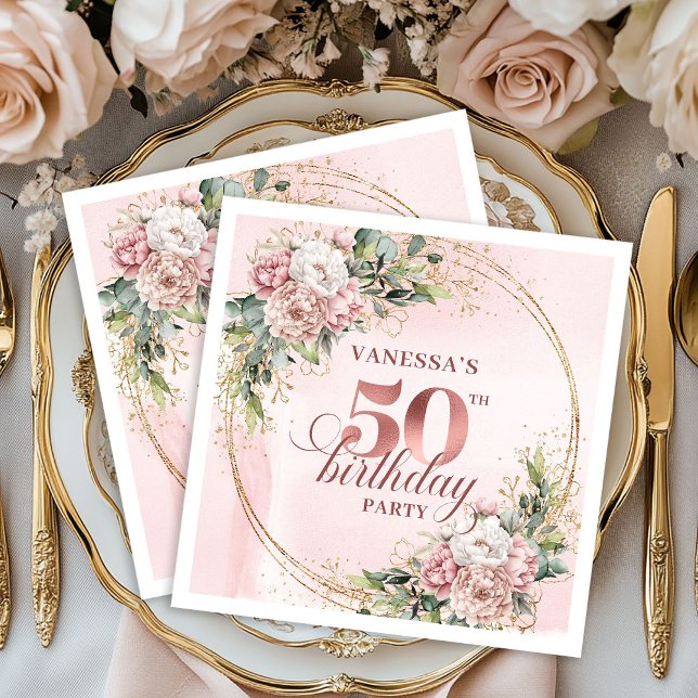 Servilleta De Papel Graceful Rose Gold Blush Flowers 50th Birthday  (Graceful Rose Gold Blush Flowers 50th Birthday Dinner Napkins

)