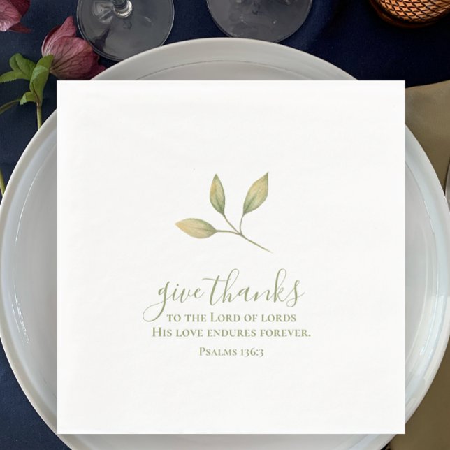 Servilleta De Papel Gracias Sencillo y Elegante Día de Acción de Graci (Original hand painted watercolor greenery custom napkin. Give thanks Bible scripture Thanksgiving.)