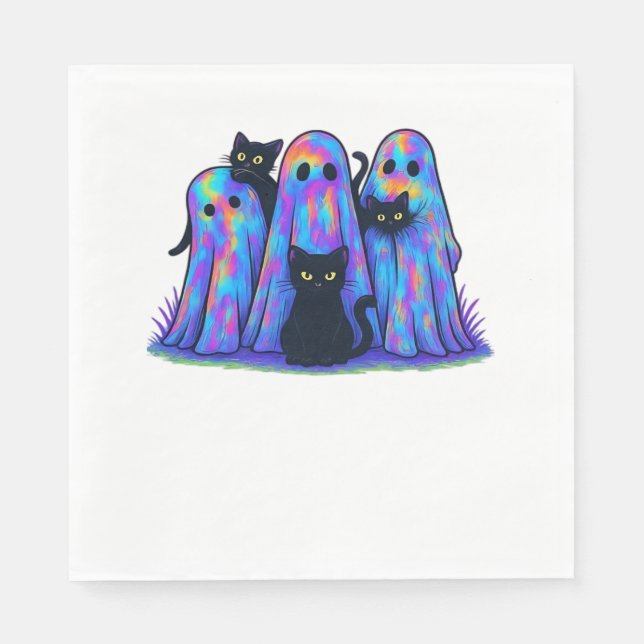 Servilleta De Papel Gracioso gato negro y fantasma Halloween esencial  (Anverso)