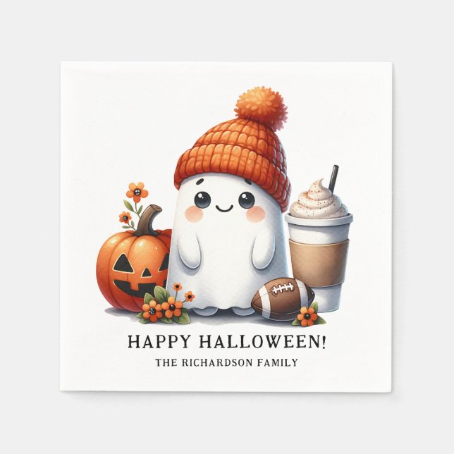 Servilleta De Papel Gracioso tema del fútbol fantasma Feliz Halloween (Anverso)