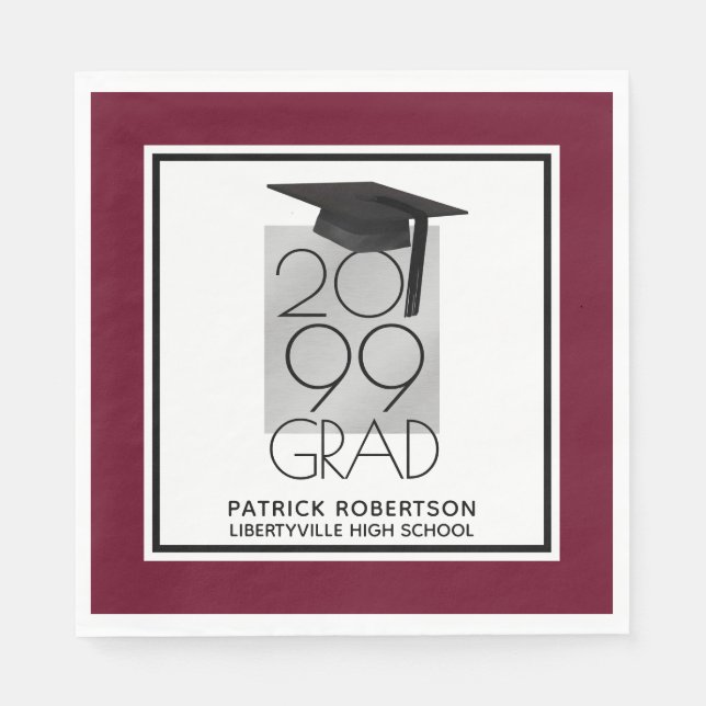 Servilleta De Papel GRAD negro y plateado | Maroon editable | Graduaci (Anverso)