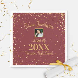 Servilleta De Papel Grad Photo Gold Confetti Graduación Party Borgoña