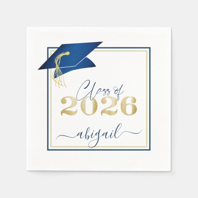 Servilleta De Papel Graduación 2025 Faux Metallic Blue Gold Script (Anverso)