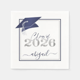 Servilleta De Papel Graduación 2025 Faux Metallic Navy Silver Script