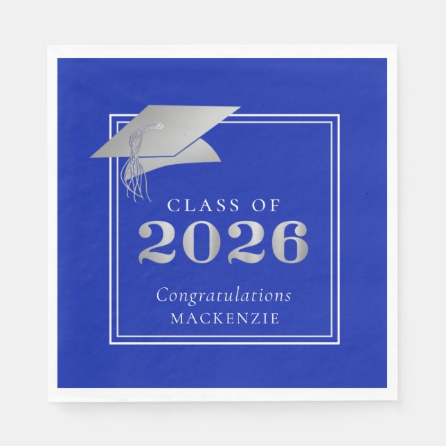 Servilleta De Papel Graduación 2026 Azul Real Plateado Falso (Anverso)