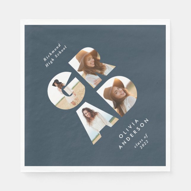 Servilleta De Papel Graduación 4 foto moderna personalizada azul marin (Anverso)