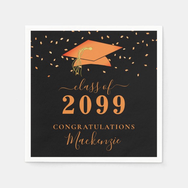 Servilleta De Papel Graduación Cap Naranja negro guión de confetti (Anverso)