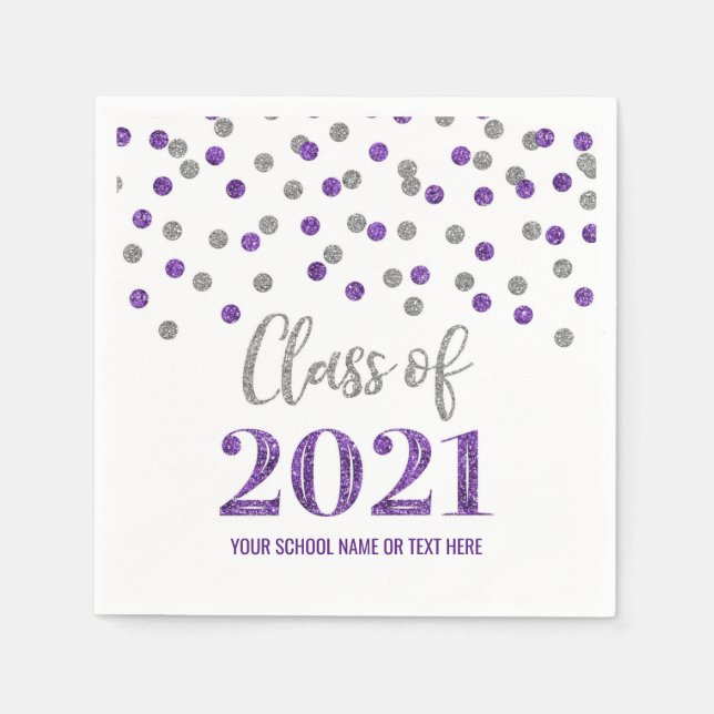 Servilleta De Papel Graduación de Confetti de Plata Púrpura de 2021 (Anverso)