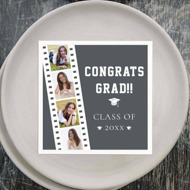 Servilleta De Papel Graduación de cuatro Collages de fotos | Gris (Gray Filmstrip Four Photo Collage Graduation Party Napkins)