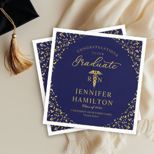 Servilleta De Papel Graduación de Enfermera Médico Elegante Dorado Azu