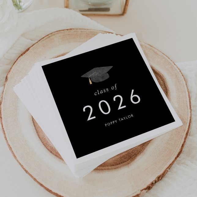 Servilleta De Papel Graduación de Grado negro oscuro de moda de 2025 (Chic Dark Black Grad Cap Class of 2026 Graduation Napkins)