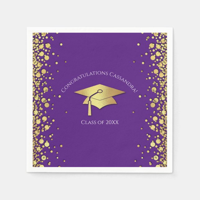 Servilleta De Papel Graduación de Morado y Dorado (Anverso)