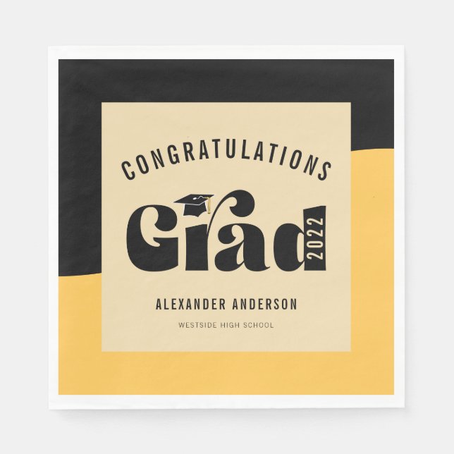 Servilleta De Papel Graduación de oro y negro con luz de texto retro (Anverso)