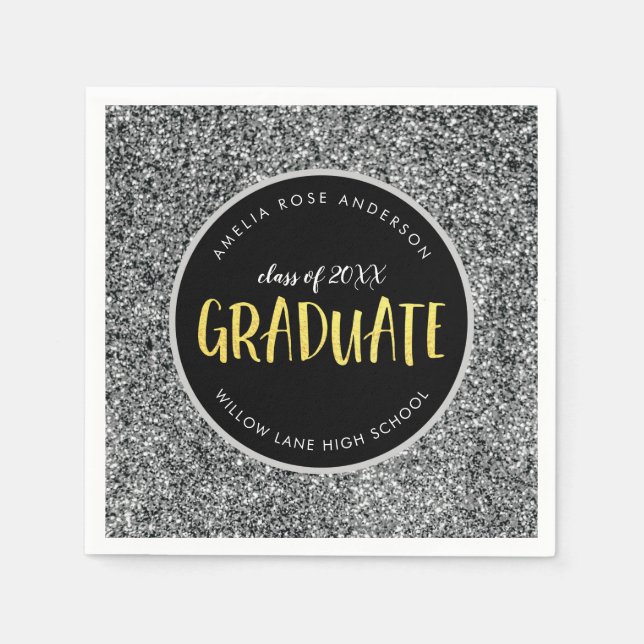 Servilleta De Papel Graduación de Purpurina de Plata Faux (Anverso)