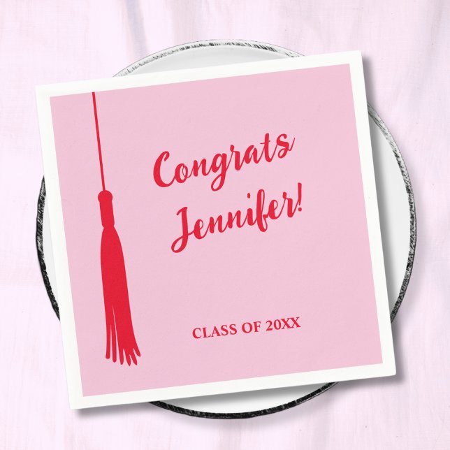 Servilleta De Papel Graduación De Tassel De Estilo Rojo Y Rosa 2024 (Trendy Pink & Red 2024 Grad Tassel Graduation Napkins)