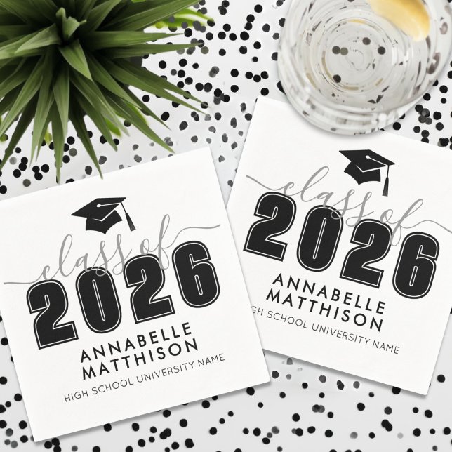 Servilleta De Papel Graduación en Blanco y Negro (Graduate Simple Black White Graduation Napkins)