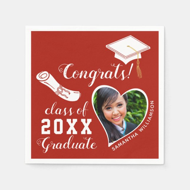 Servilleta De Papel Graduación en blanco y rojo de fotografía de grado (Anverso)