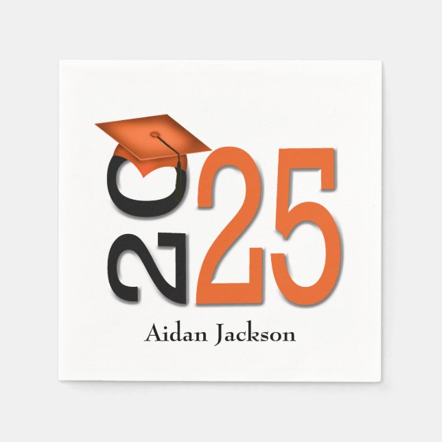 Servilleta De Papel Graduación en negro y naranja 2025 con nombre (Anverso)