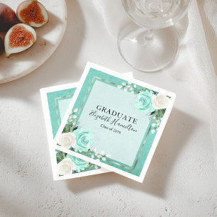 Servilleta De Papel Graduación Floral Chic Teal y Plateado Brillante