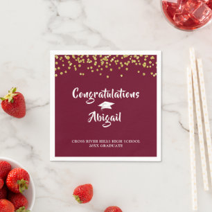 Servilleta De Papel Graduación Maroon Gold Confetti Brush Script