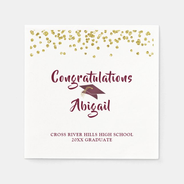 Servilleta De Papel Graduación Maroon Gold Confetti Brush Script (Anverso)