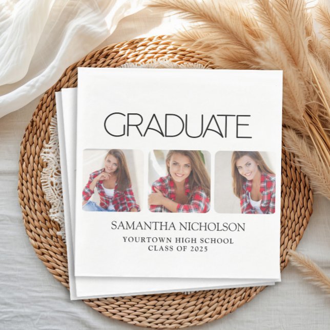 Servilleta De Papel Graduación moderna de 3 fotos en Sleek (Modern white 3 photo graduation party paper napkins)