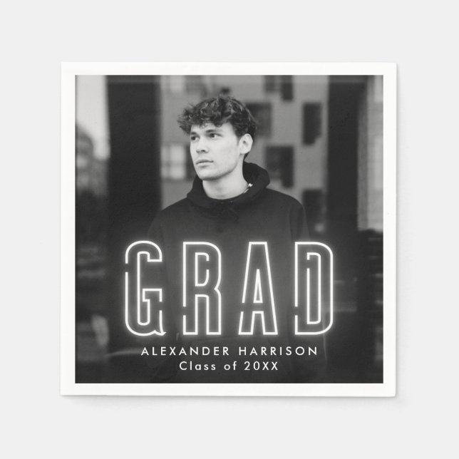 Servilleta De Papel Graduación moderna de fotos en neón blanco (Anverso)