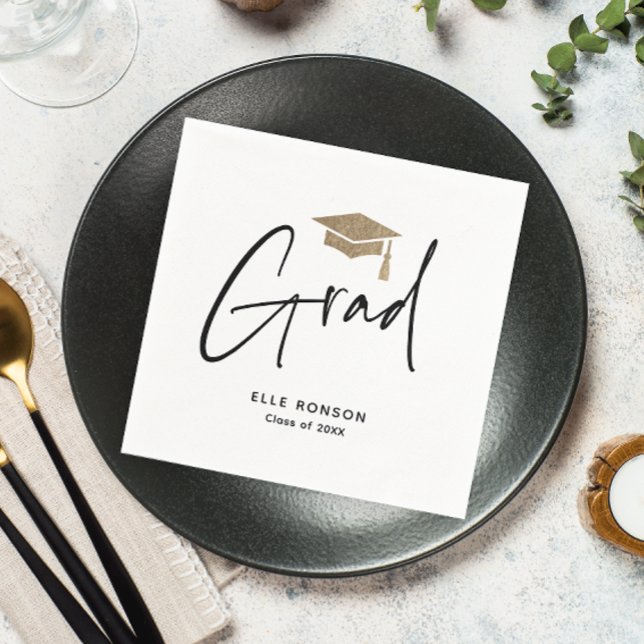 Servilleta De Papel Graduación moderna en blanco y negro de guiones (Modern Grad script black and white graduation party napkins.)