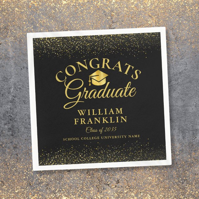 Servilleta De Papel Graduación Moderna Personalizada En Negro Y Oro (Personalized Black And Gold Modern Graduation Napkins)