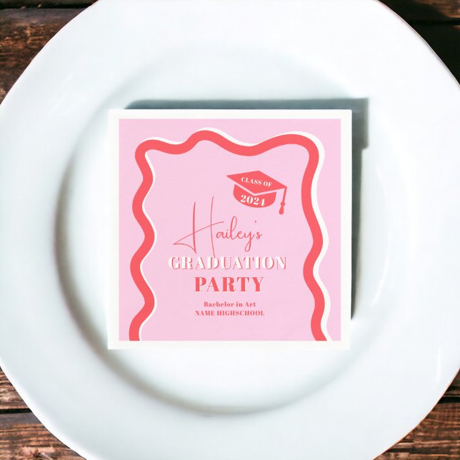 Servilleta De Papel Graduación ondulada de curva roja rosada retro (Retro pink red curve squiggle wavy graduation napkins)
